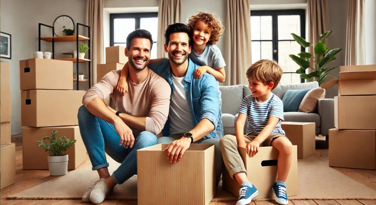 Un couple gay heureux avec leurs enfants dans un appartement moderne entouré de cartons de déménagement